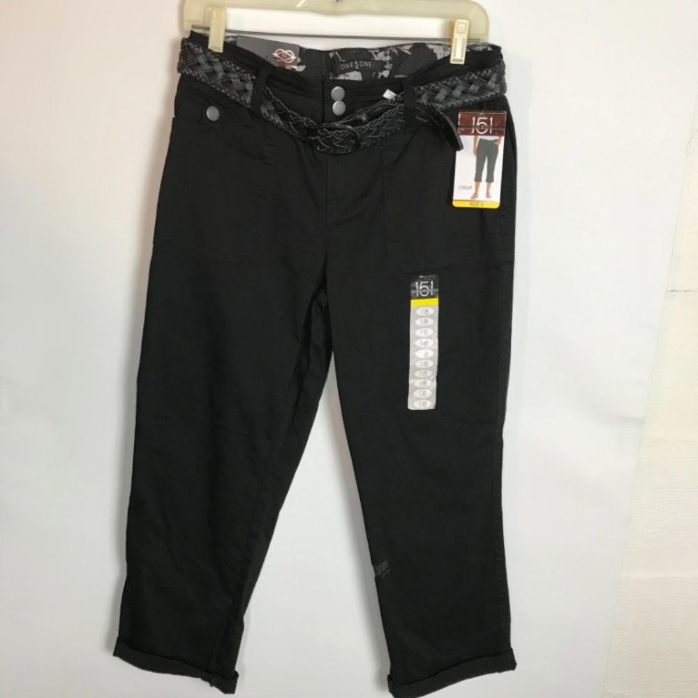 ONE5ONE Women’s Black Capris Pant w/ Braided Belt & Back Pocket Button Closure 8